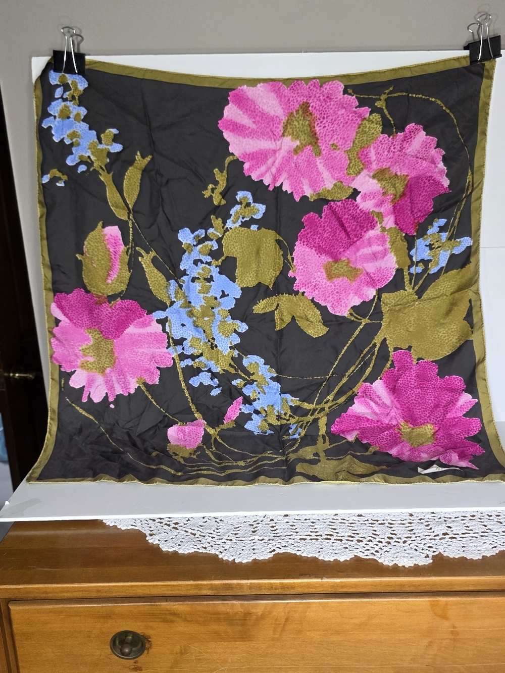 Longchamp Vintage Silk Scarf Floral Pink Blue Black Olive Scarf Women's  Scarf